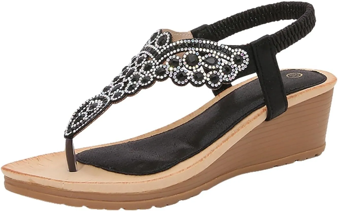 Womens Wedge Sandals Slingback Rhinestone Dressy Sandals Comfortable Arch Support Flip Flops Ankle Strap Elastic Flats Summer Beach Shoes