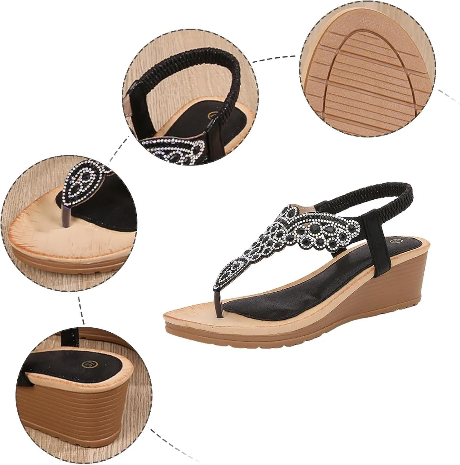 Womens Wedge Sandals Slingback Rhinestone Dressy Sandals Comfortable Arch Support Flip Flops Ankle Strap Elastic Flats Summer Beach Shoes