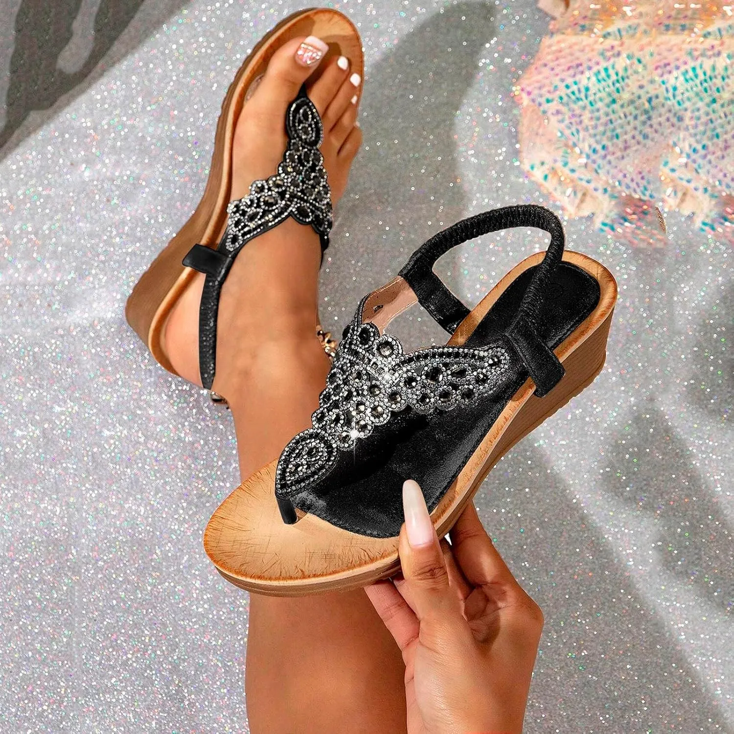 Womens Wedge Sandals Slingback Rhinestone Dressy Sandals Comfortable Arch Support Flip Flops Ankle Strap Elastic Flats Summer Beach Shoes