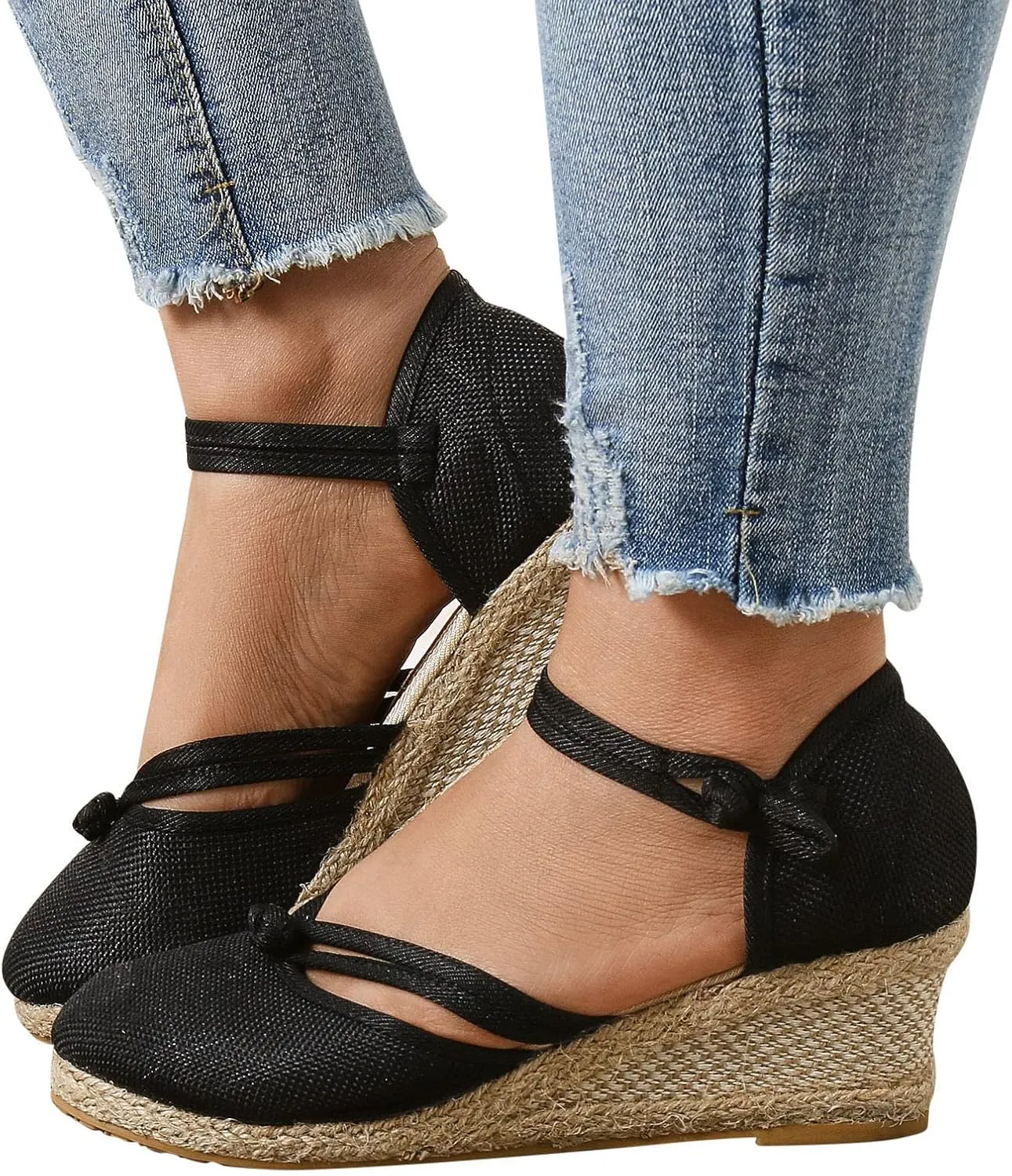 Womenyiaor Wedge Sandals for Women, Women's Closed Toe Elastic Ankle Strap Espadrilles Wedge Sandals Low Wedge Heel Sandals Dressy Summer Casual Platform Shoes