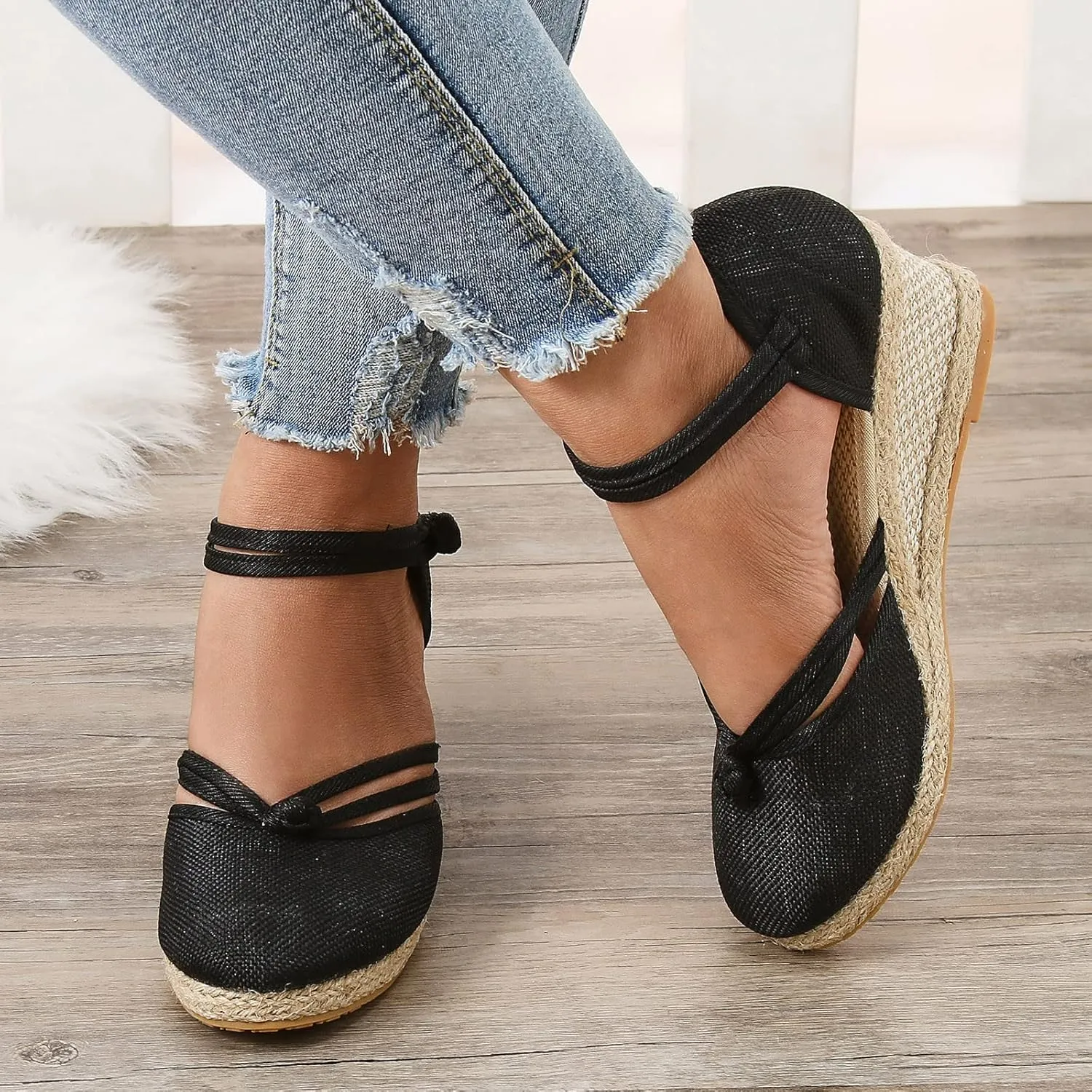 Womenyiaor Wedge Sandals for Women, Women's Closed Toe Elastic Ankle Strap Espadrilles Wedge Sandals Low Wedge Heel Sandals Dressy Summer Casual Platform Shoes