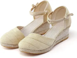 Womenyiaor Wedge Sandals for Women, Women's Closed Toe Elastic Ankle Strap Espadrilles Wedge Sandals Low Wedge Heel Sandals Dressy Summer Casual Platform Shoes