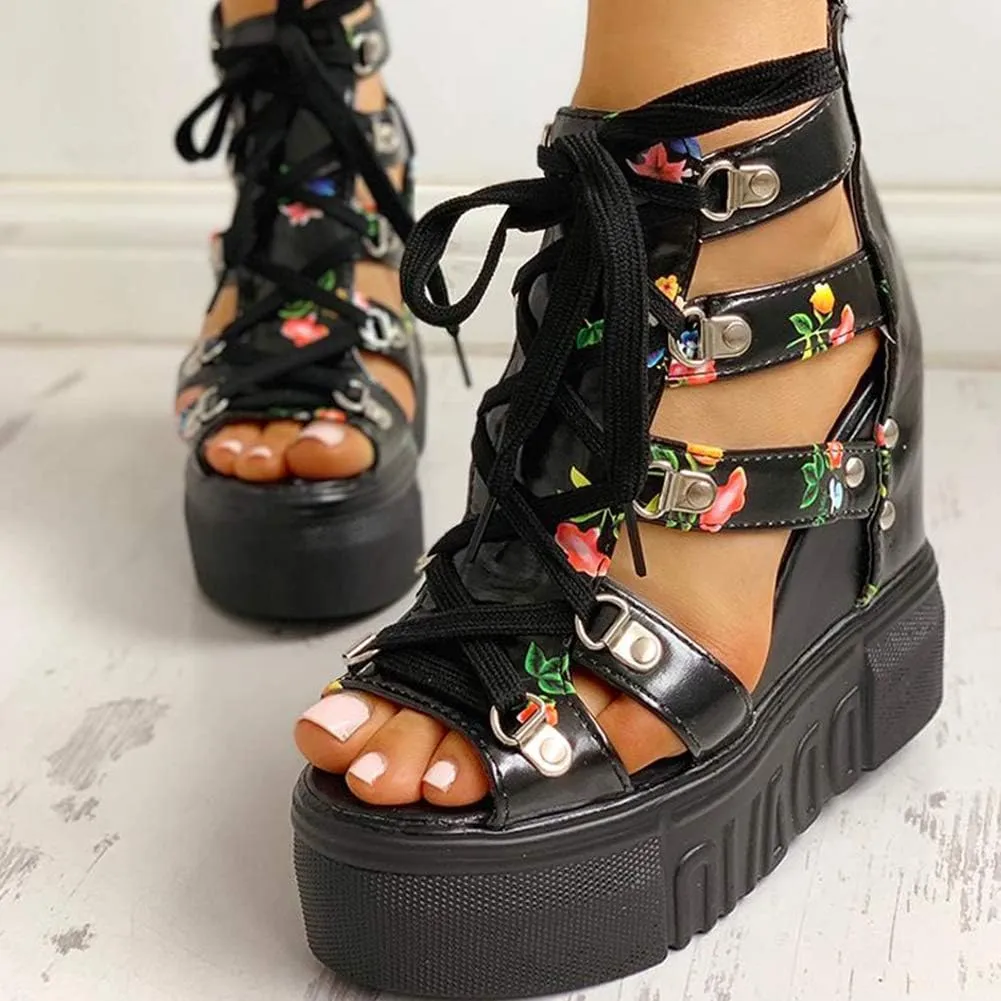 YIYA Women's Wedge Sandal Peep Toe Platform Wedges Shoes Chunky High Heels for Women Floral Flatform Sandals