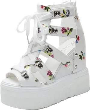YIYA Women's Wedge Sandal Peep Toe Platform Wedges Shoes Chunky High Heels for Women Floral Flatform Sandals
