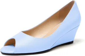 YODEKS Low Heel Wedge Shoes Peep Toe Heeled Sandals Slip On Open Toe Pump Shoes For Workplace Party Casual Dress Office Matte Light Blue US Size 13