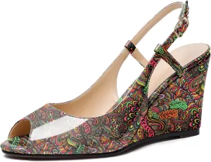 Zamikoo Women's Peep Toe Slingback Pumps 3.5" Wedge Heels Sandals with Adjustable Strap Solid Buckle Patent Leather US Size 5- Size 13