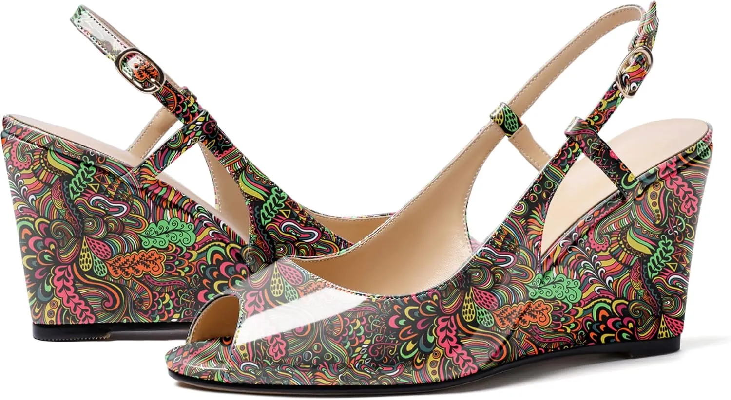 Zamikoo Women's Peep Toe Slingback Pumps 3.5" Wedge Heels Sandals with Adjustable Strap Solid Buckle Patent Leather US Size 5- Size 13
