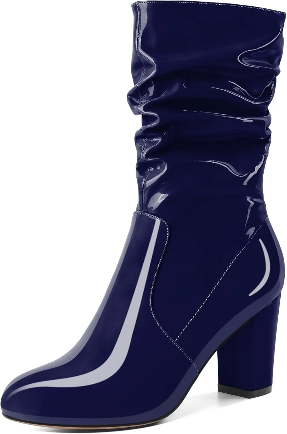 Zamikoo Women's Slouchy Chunky Heel Ankle Boots Round Toe Block Heel Ankle Booties Side Zipper Fashion Slip On Short Booties Comfortable Dress Boots 3.5 Inches