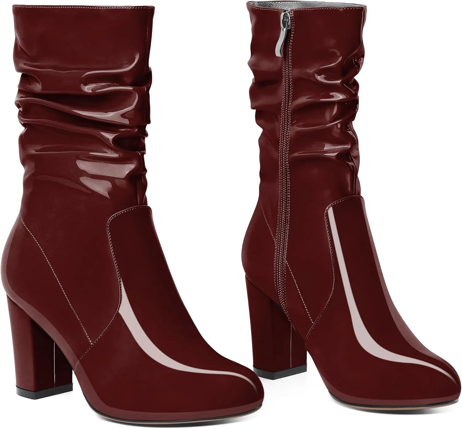 Zamikoo Women's Slouchy Chunky Heel Ankle Boots Round Toe Block Heel Ankle Booties Side Zipper Fashion Slip On Short Booties Comfortable Dress Boots 3.5 Inches