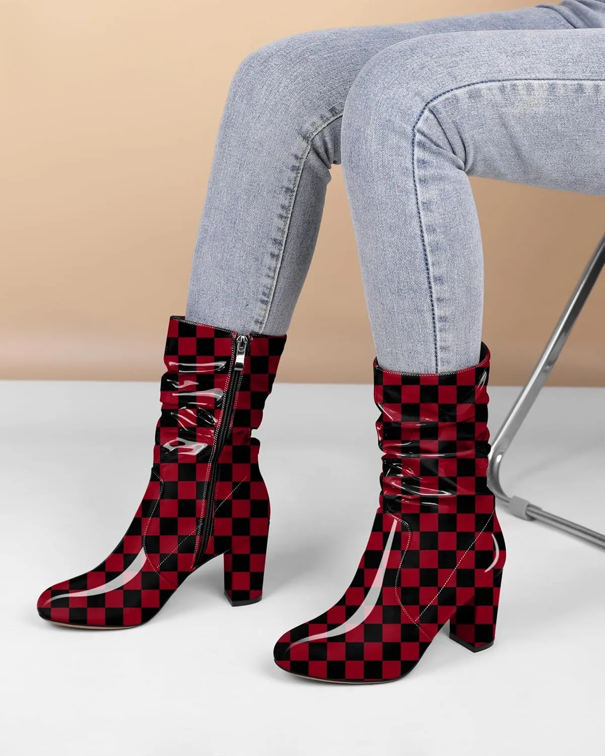 Zamikoo Women's Slouchy Chunky Heel Ankle Boots Round Toe Block Heel Ankle Booties Side Zipper Fashion Slip On Short Booties Comfortable Dress Boots 3.5 Inches