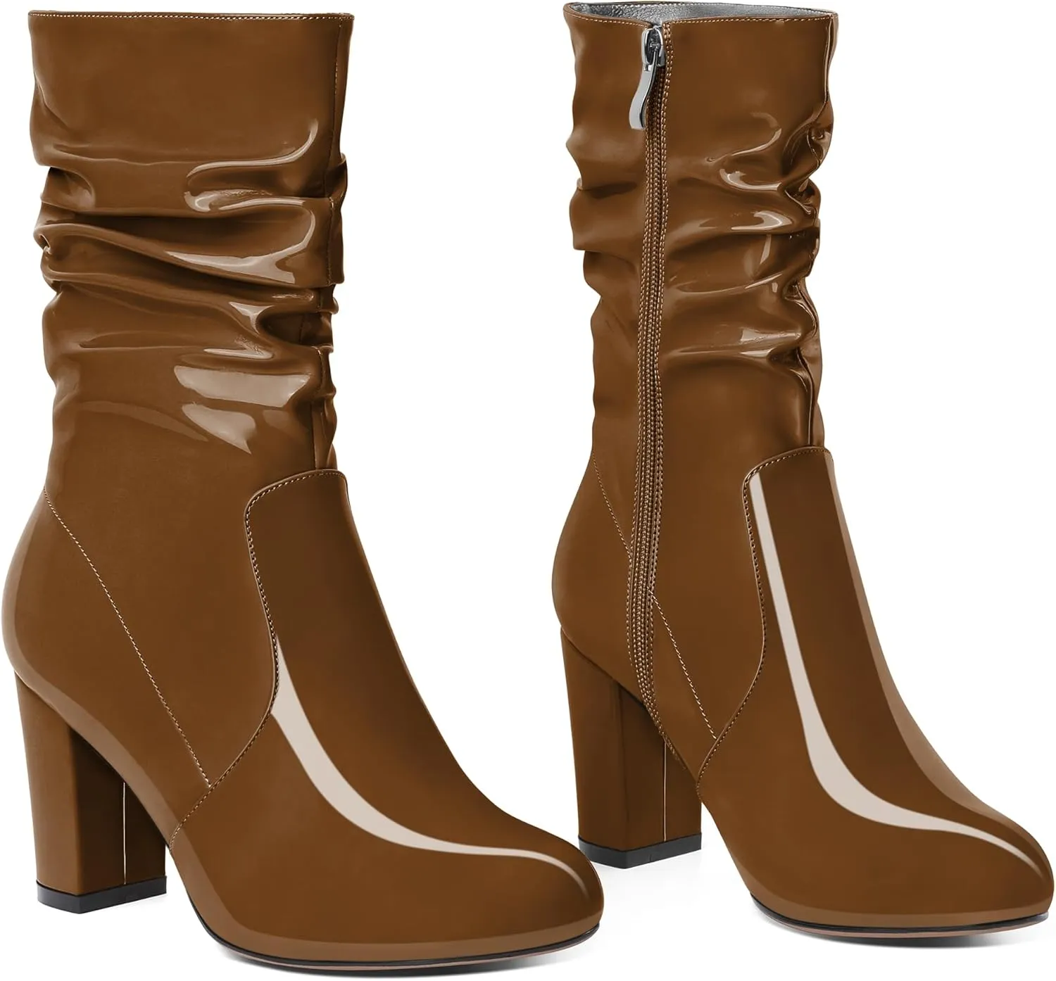 Zamikoo Women's Slouchy Chunky Heel Ankle Boots Round Toe Block Heel Ankle Booties Side Zipper Fashion Slip On Short Booties Comfortable Dress Boots 3.5 Inches