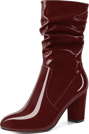 Zamikoo Women's Slouchy Chunky Heel Ankle Boots Round Toe Block Heel Ankle Booties Side Zipper Fashion Slip On Short Booties Comfortable Dress Boots 3.5 Inches