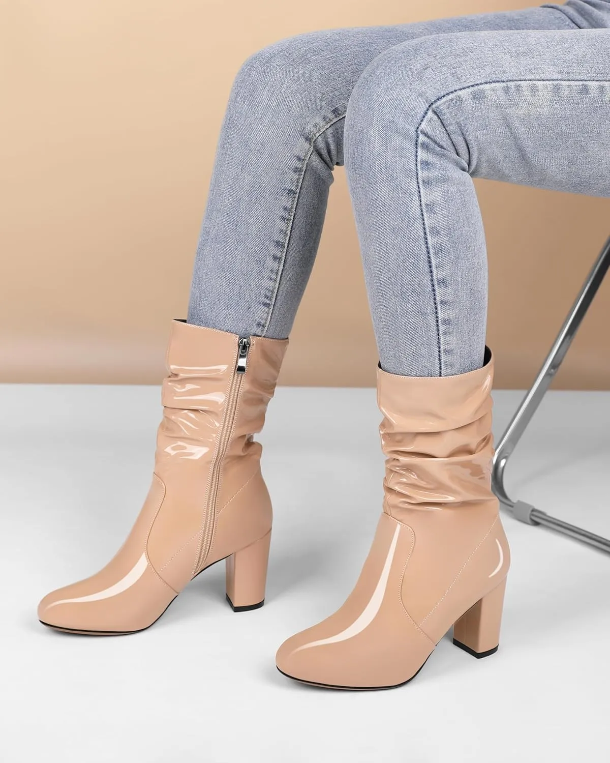 Zamikoo Women's Slouchy Chunky Heel Ankle Boots Round Toe Block Heel Ankle Booties Side Zipper Fashion Slip On Short Booties Comfortable Dress Boots 3.5 Inches