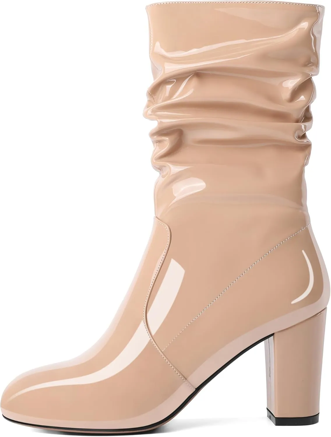 Zamikoo Women's Slouchy Chunky Heel Ankle Boots Round Toe Block Heel Ankle Booties Side Zipper Fashion Slip On Short Booties Comfortable Dress Boots 3.5 Inches