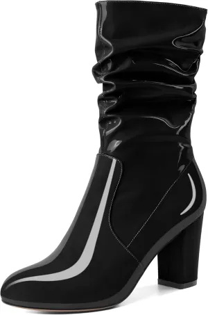 Zamikoo Women's Slouchy Chunky Heel Ankle Boots Round Toe Block Heel Ankle Booties Side Zipper Fashion Slip On Short Booties Comfortable Dress Boots 3.5 Inches