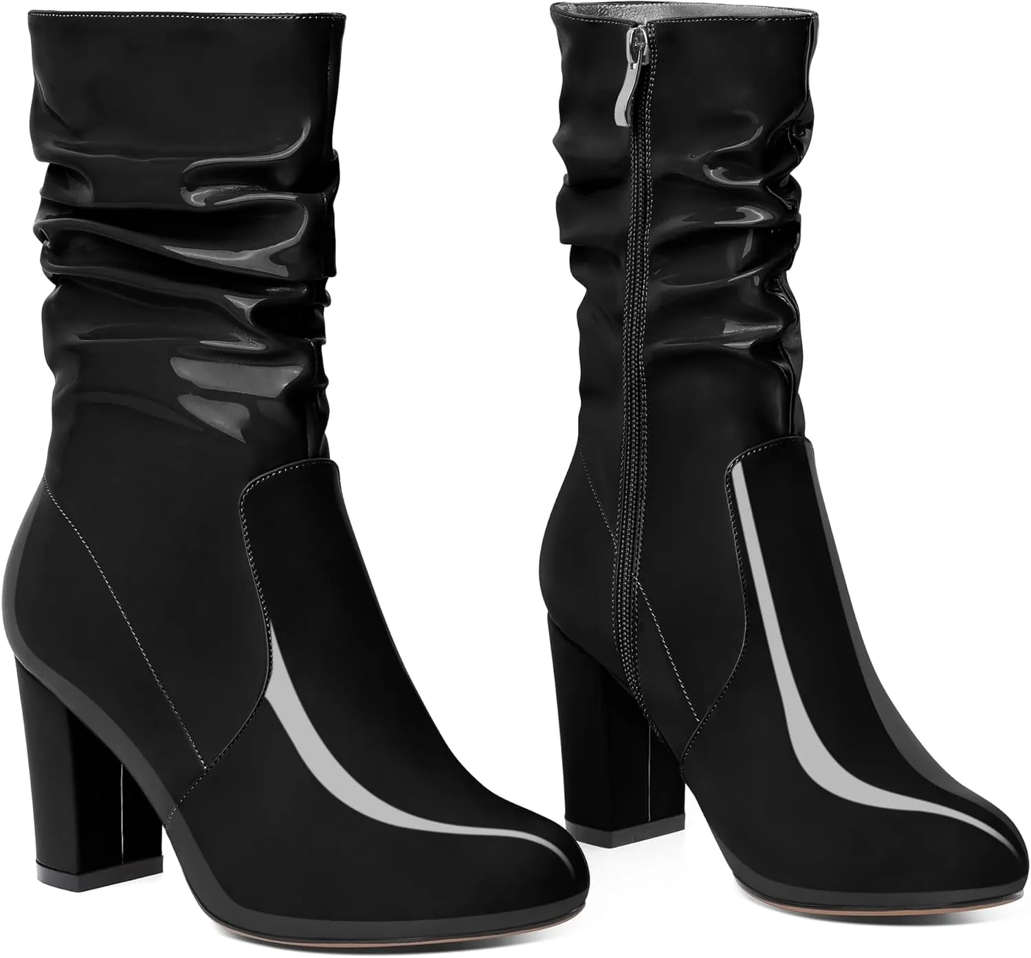 Zamikoo Women's Slouchy Chunky Heel Ankle Boots Round Toe Block Heel Ankle Booties Side Zipper Fashion Slip On Short Booties Comfortable Dress Boots 3.5 Inches