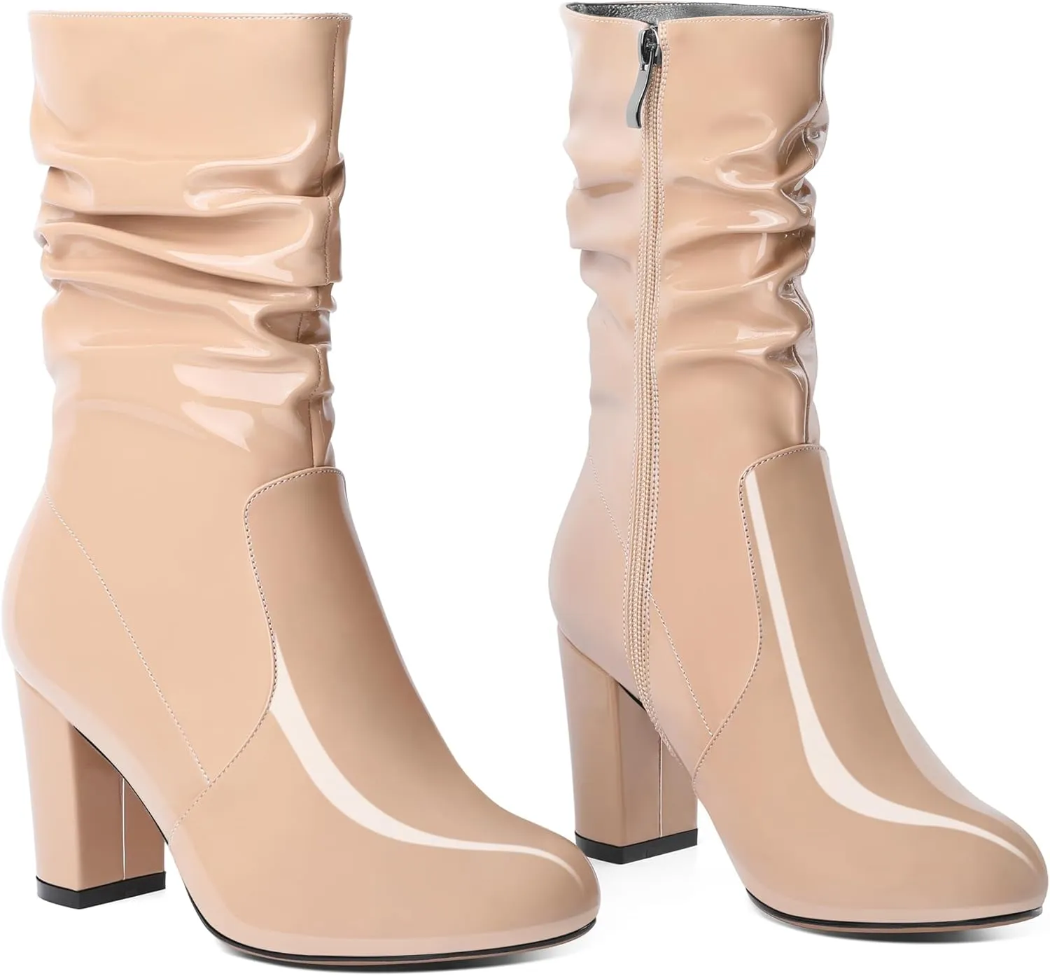 Zamikoo Women's Slouchy Chunky Heel Ankle Boots Round Toe Block Heel Ankle Booties Side Zipper Fashion Slip On Short Booties Comfortable Dress Boots 3.5 Inches