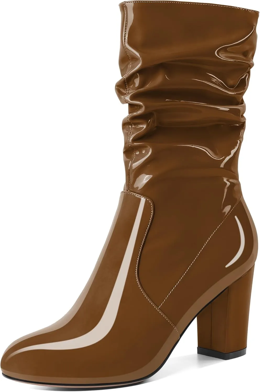 Zamikoo Women's Slouchy Chunky Heel Ankle Boots Round Toe Block Heel Ankle Booties Side Zipper Fashion Slip On Short Booties Comfortable Dress Boots 3.5 Inches