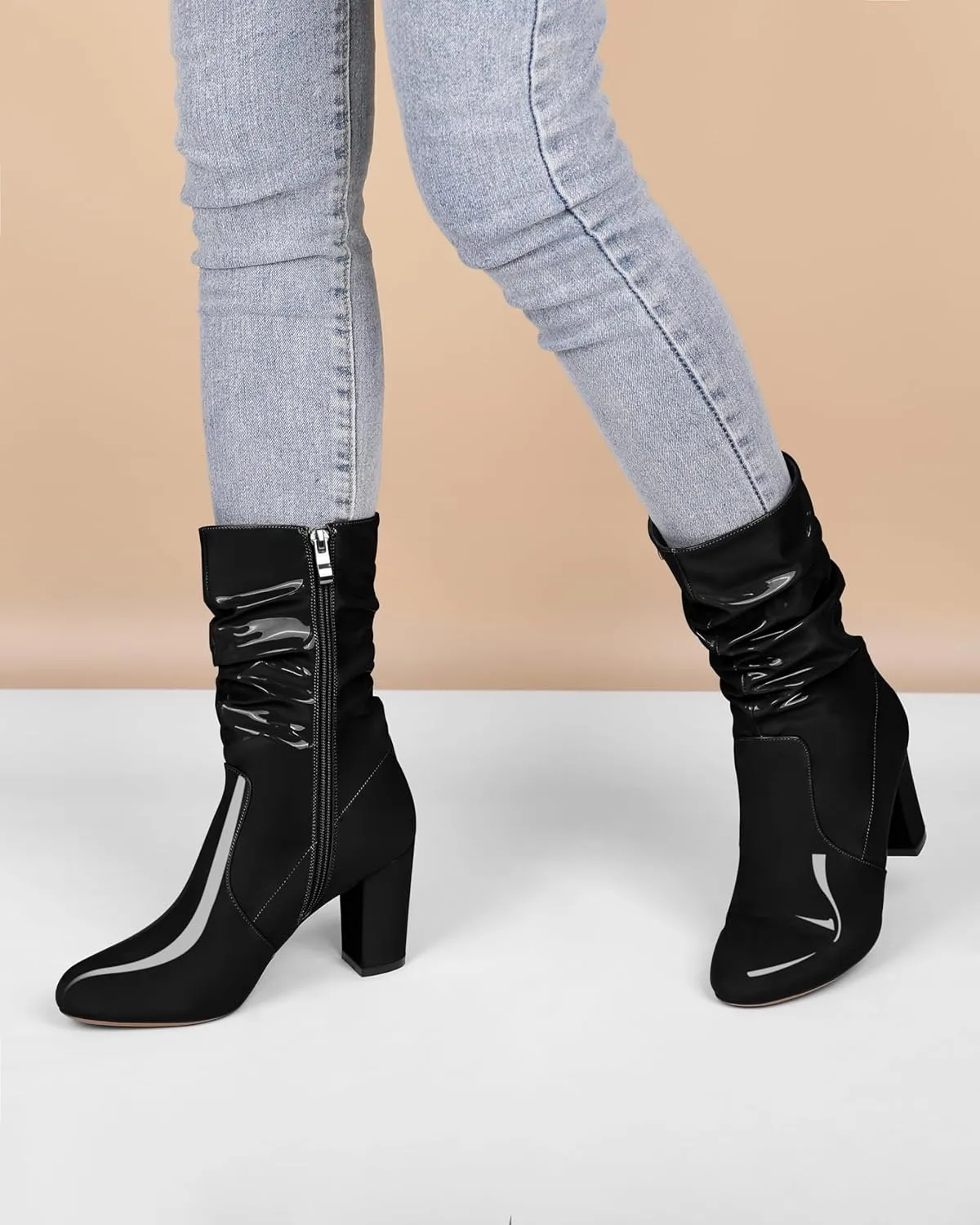 Zamikoo Women's Slouchy Chunky Heel Ankle Boots Round Toe Block Heel Ankle Booties Side Zipper Fashion Slip On Short Booties Comfortable Dress Boots 3.5 Inches