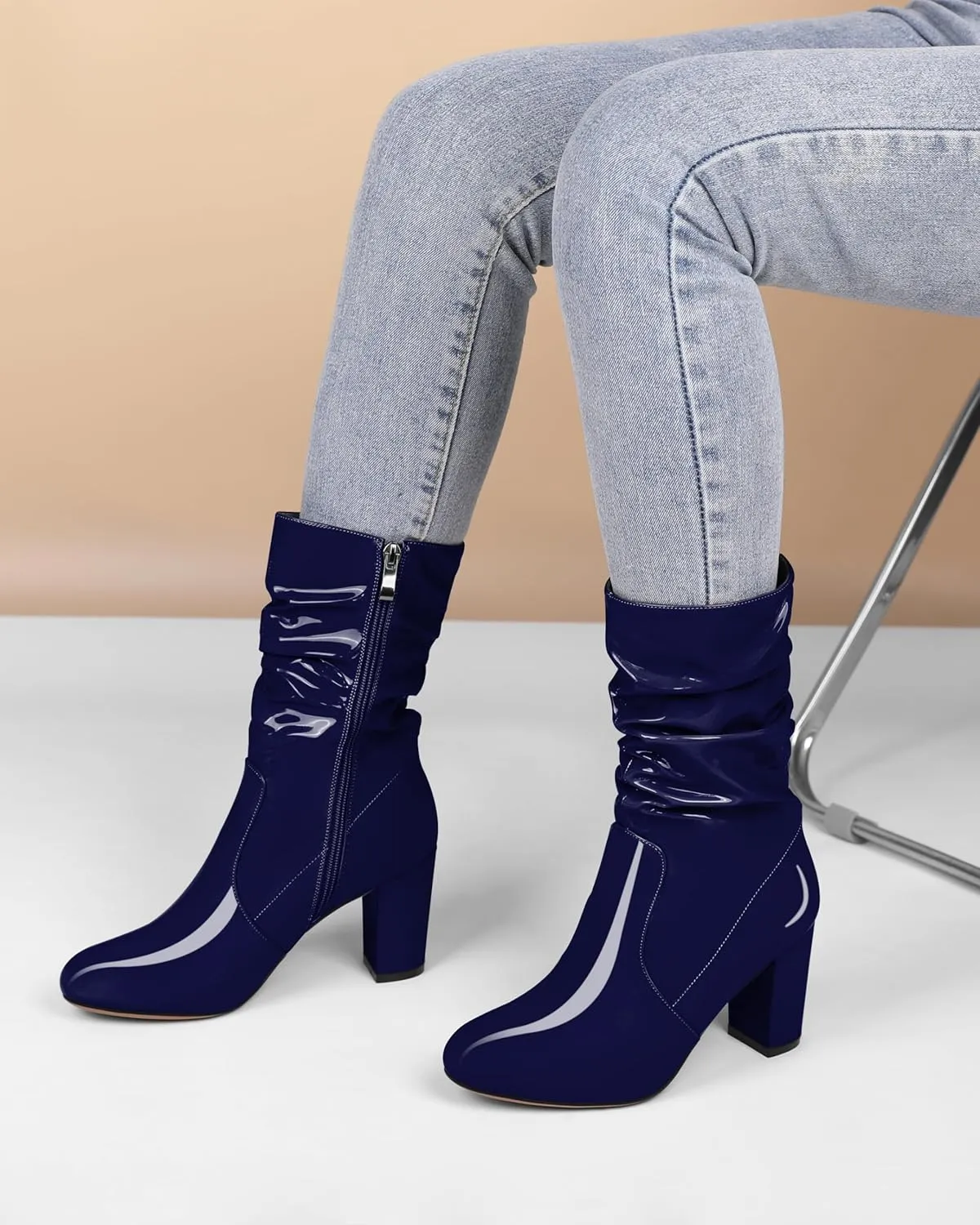 Zamikoo Women's Slouchy Chunky Heel Ankle Boots Round Toe Block Heel Ankle Booties Side Zipper Fashion Slip On Short Booties Comfortable Dress Boots 3.5 Inches