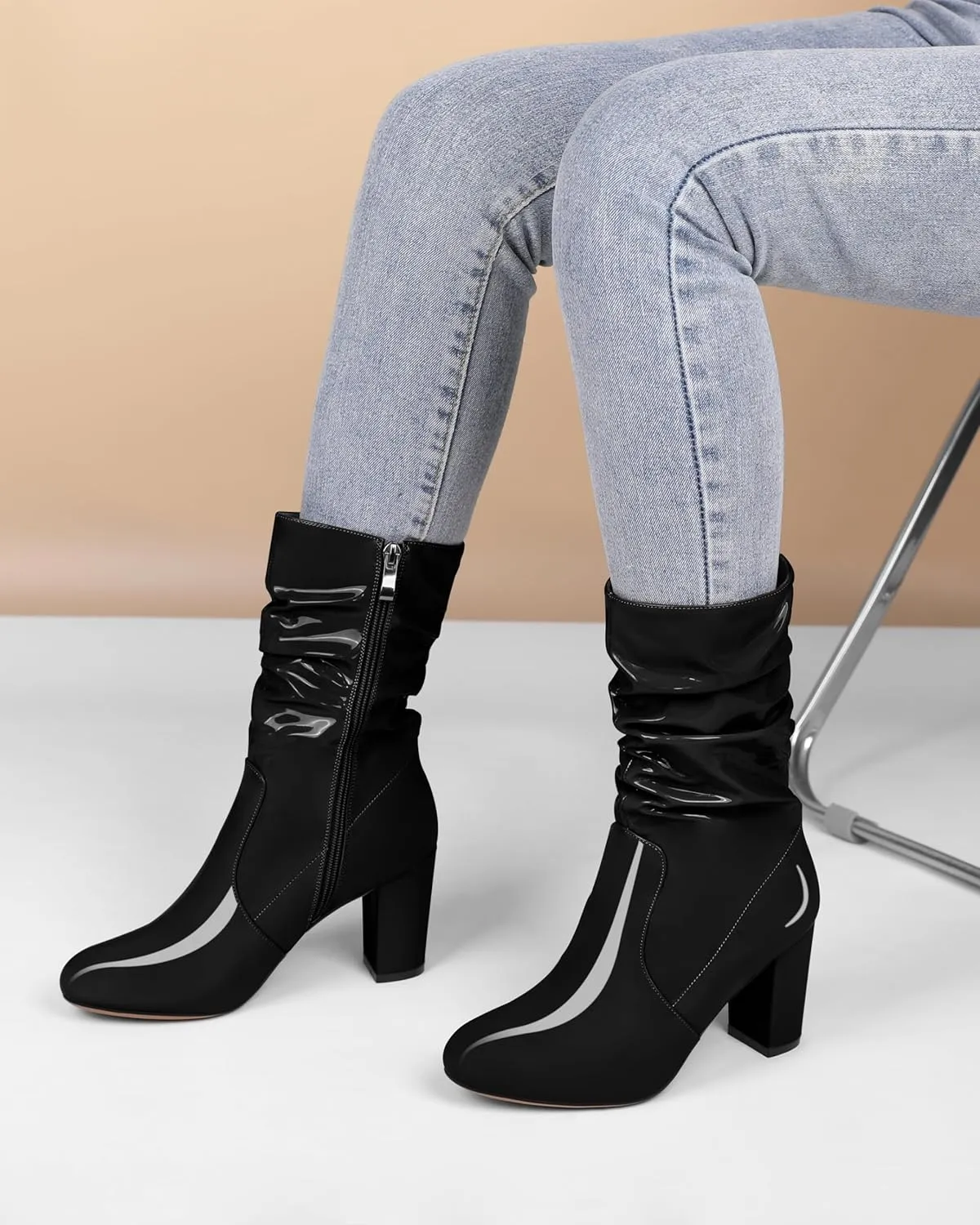 Zamikoo Women's Slouchy Chunky Heel Ankle Boots Round Toe Block Heel Ankle Booties Side Zipper Fashion Slip On Short Booties Comfortable Dress Boots 3.5 Inches