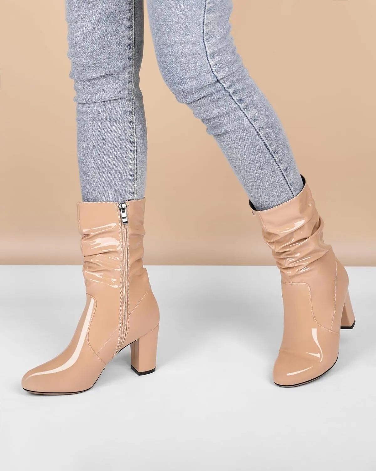 Zamikoo Women's Slouchy Chunky Heel Ankle Boots Round Toe Block Heel Ankle Booties Side Zipper Fashion Slip On Short Booties Comfortable Dress Boots 3.5 Inches
