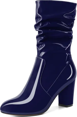 Zamikoo Women's Slouchy Chunky Heel Ankle Boots Round Toe Block Heel Ankle Booties Side Zipper Fashion Slip On Short Booties Comfortable Dress Boots 3.5 Inches