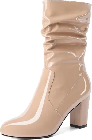 Zamikoo Women's Slouchy Chunky Heel Ankle Boots Round Toe Block Heel Ankle Booties Side Zipper Fashion Slip On Short Booties Comfortable Dress Boots 3.5 Inches