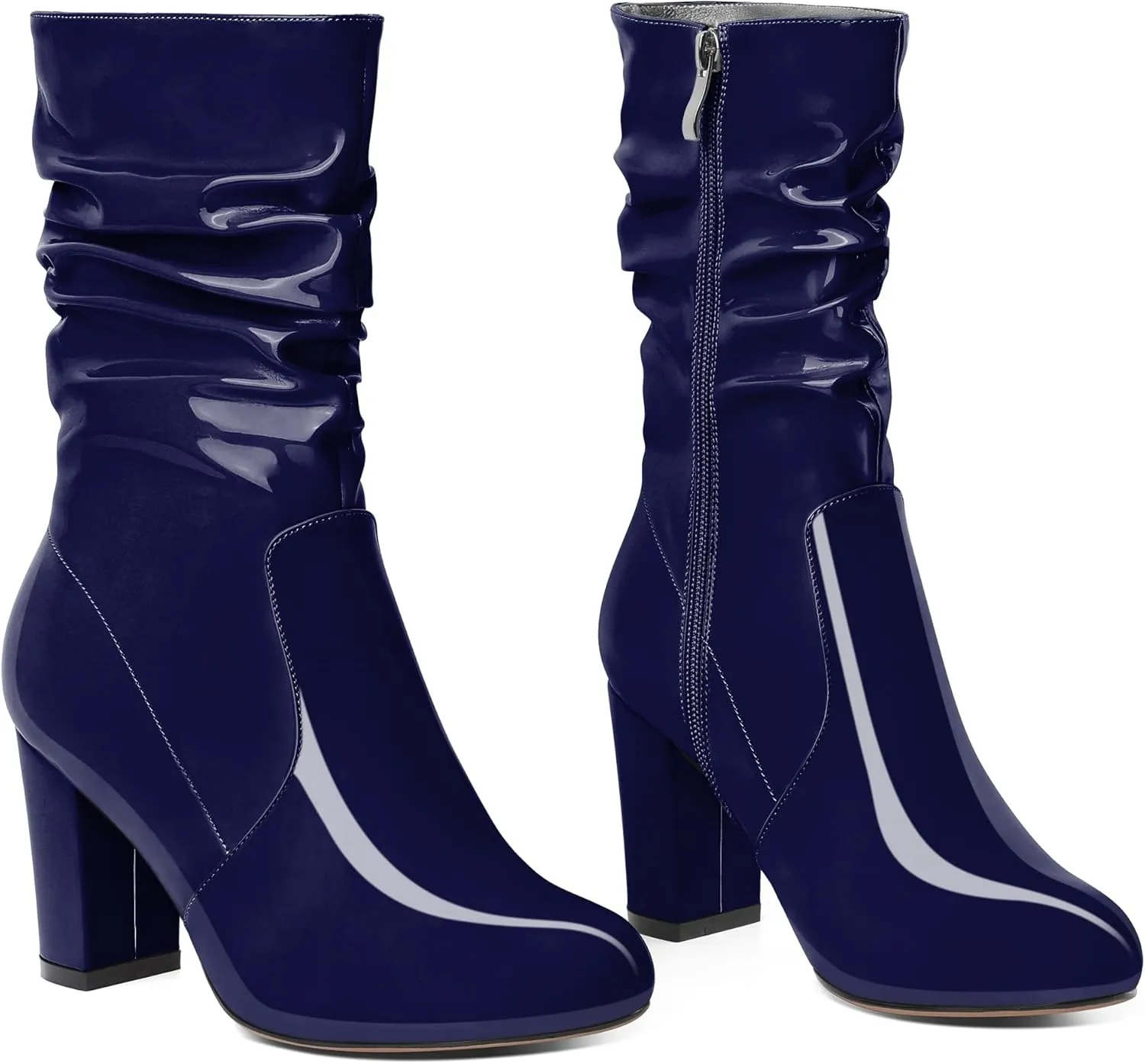 Zamikoo Women's Slouchy Chunky Heel Ankle Boots Round Toe Block Heel Ankle Booties Side Zipper Fashion Slip On Short Booties Comfortable Dress Boots 3.5 Inches