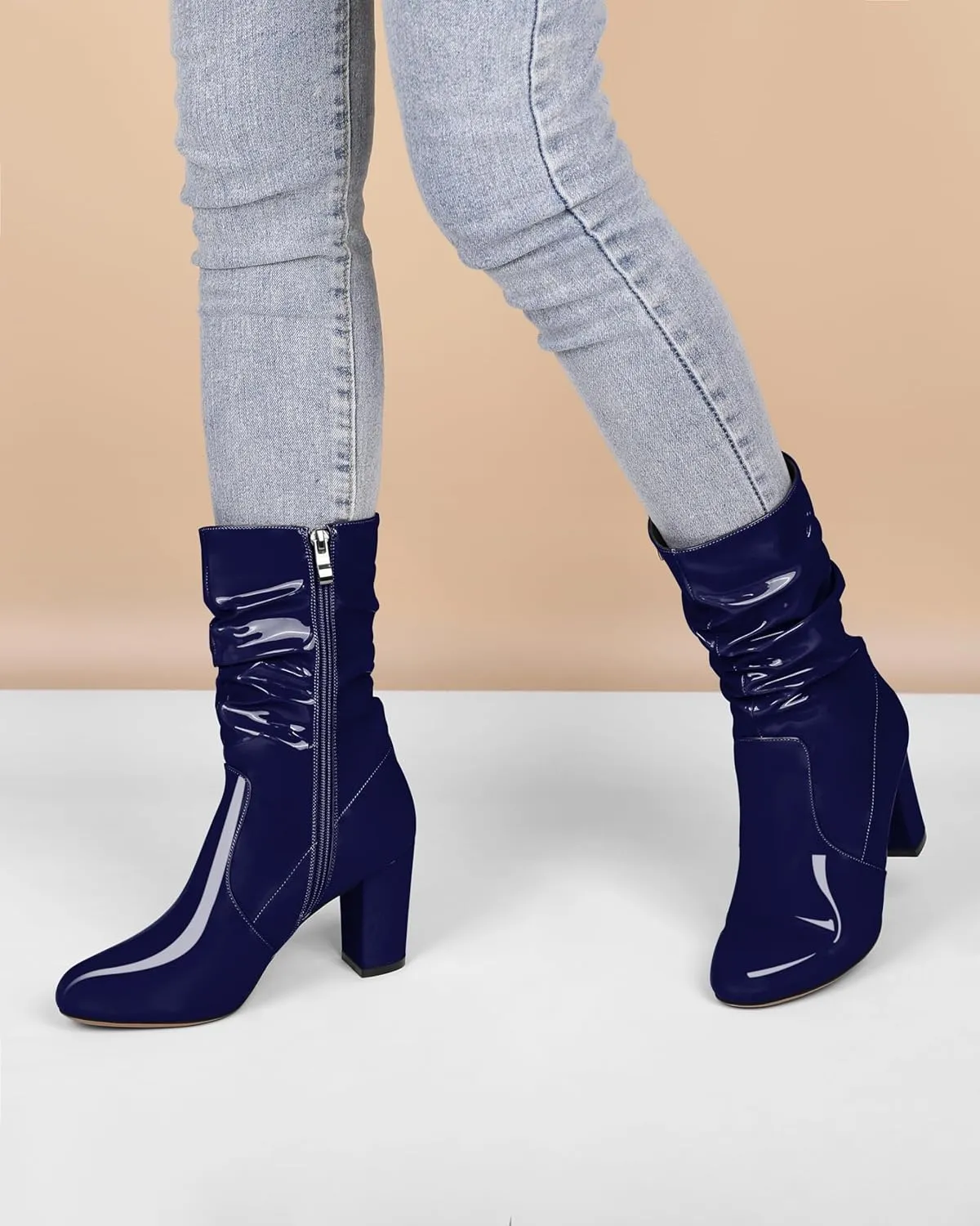 Zamikoo Women's Slouchy Chunky Heel Ankle Boots Round Toe Block Heel Ankle Booties Side Zipper Fashion Slip On Short Booties Comfortable Dress Boots 3.5 Inches