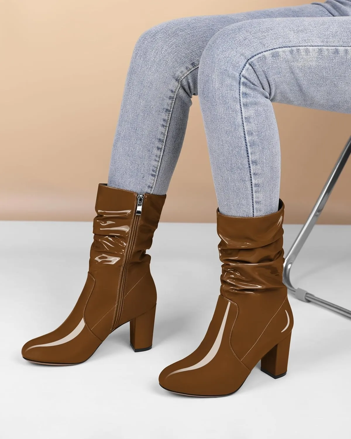 Zamikoo Women's Slouchy Chunky Heel Ankle Boots Round Toe Block Heel Ankle Booties Side Zipper Fashion Slip On Short Booties Comfortable Dress Boots 3.5 Inches