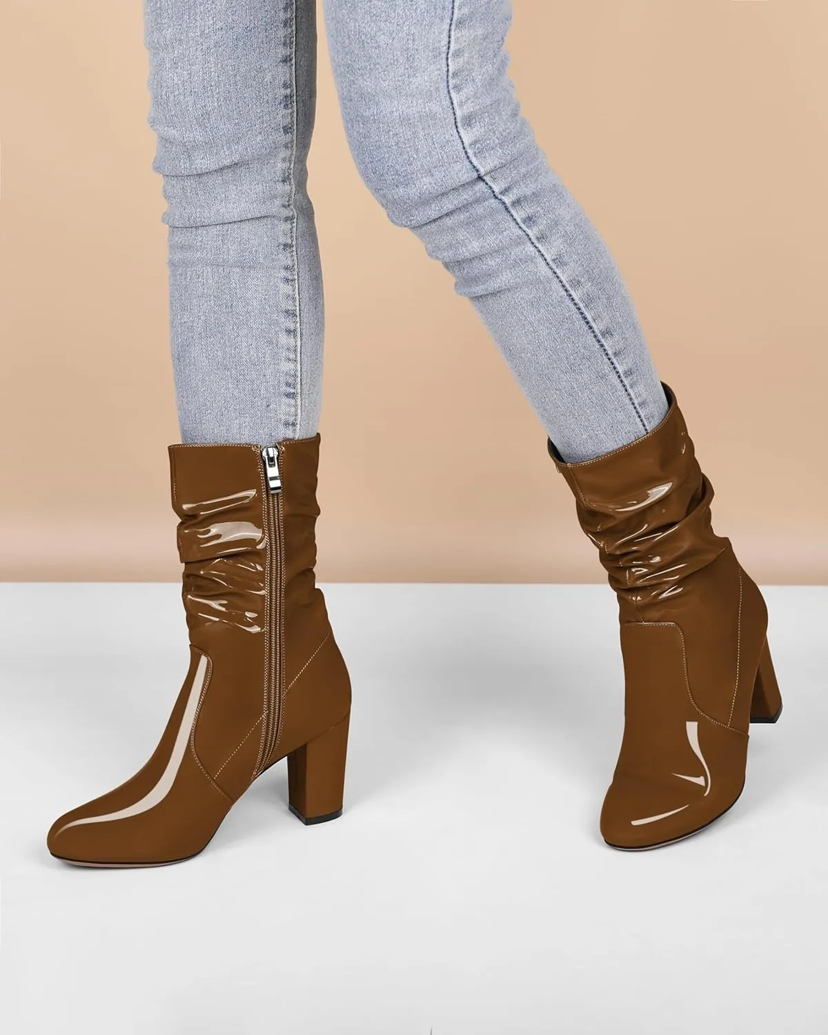 Zamikoo Women's Slouchy Chunky Heel Ankle Boots Round Toe Block Heel Ankle Booties Side Zipper Fashion Slip On Short Booties Comfortable Dress Boots 3.5 Inches